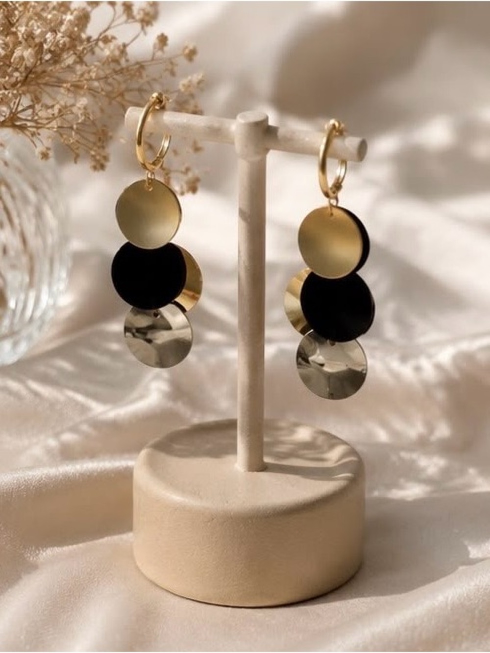 Anthropologie Gold, Black and Silver Triple Disc Drop Earrings